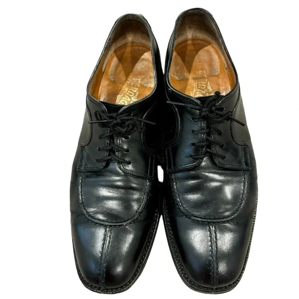 Salvatore Ferragamo Black Leather Apron Toe Derby Dress Shoes Mens Size 8 Italy